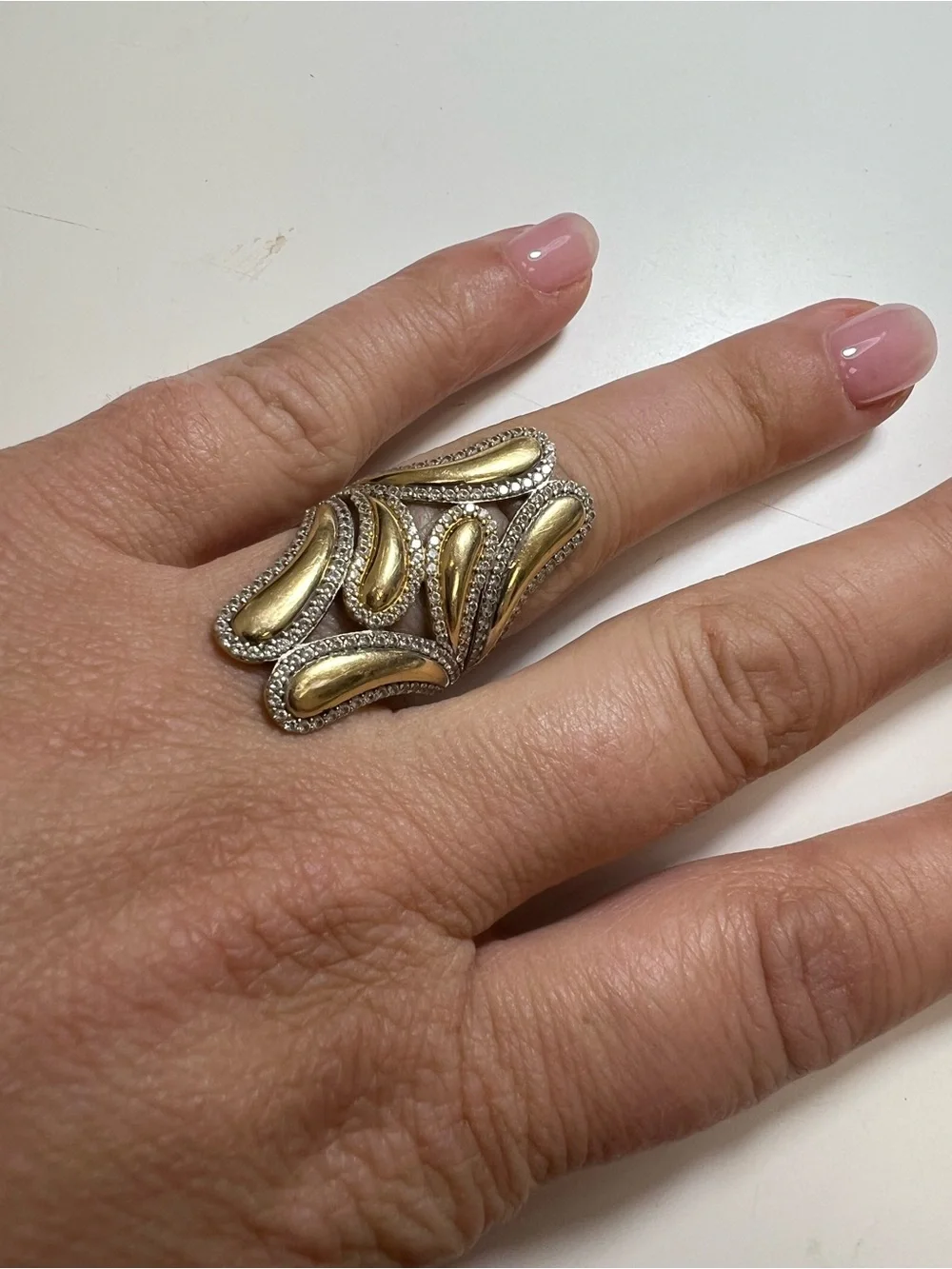 14K Gold and clear stones leaf accents Women's Statement Ring